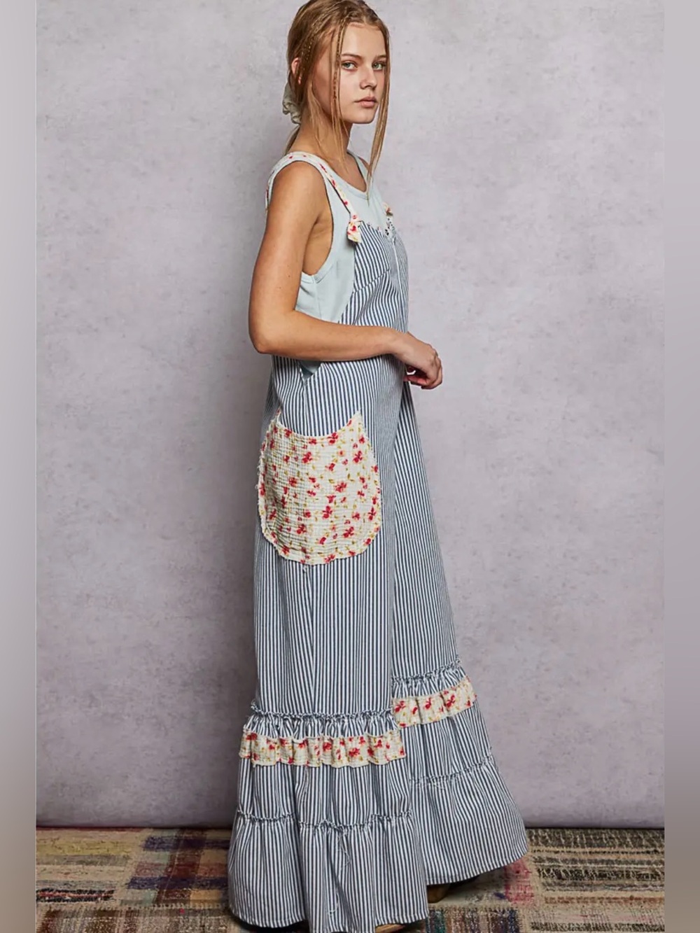 POL Blue + White Striped Floral-Pocket Ruffle Jumpsuit - Picture 3 of 9